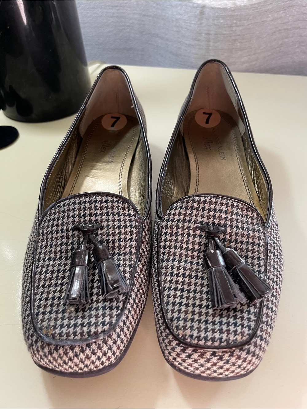 Anne Klein Brown and Cream Houndstooth Tassel Loafers